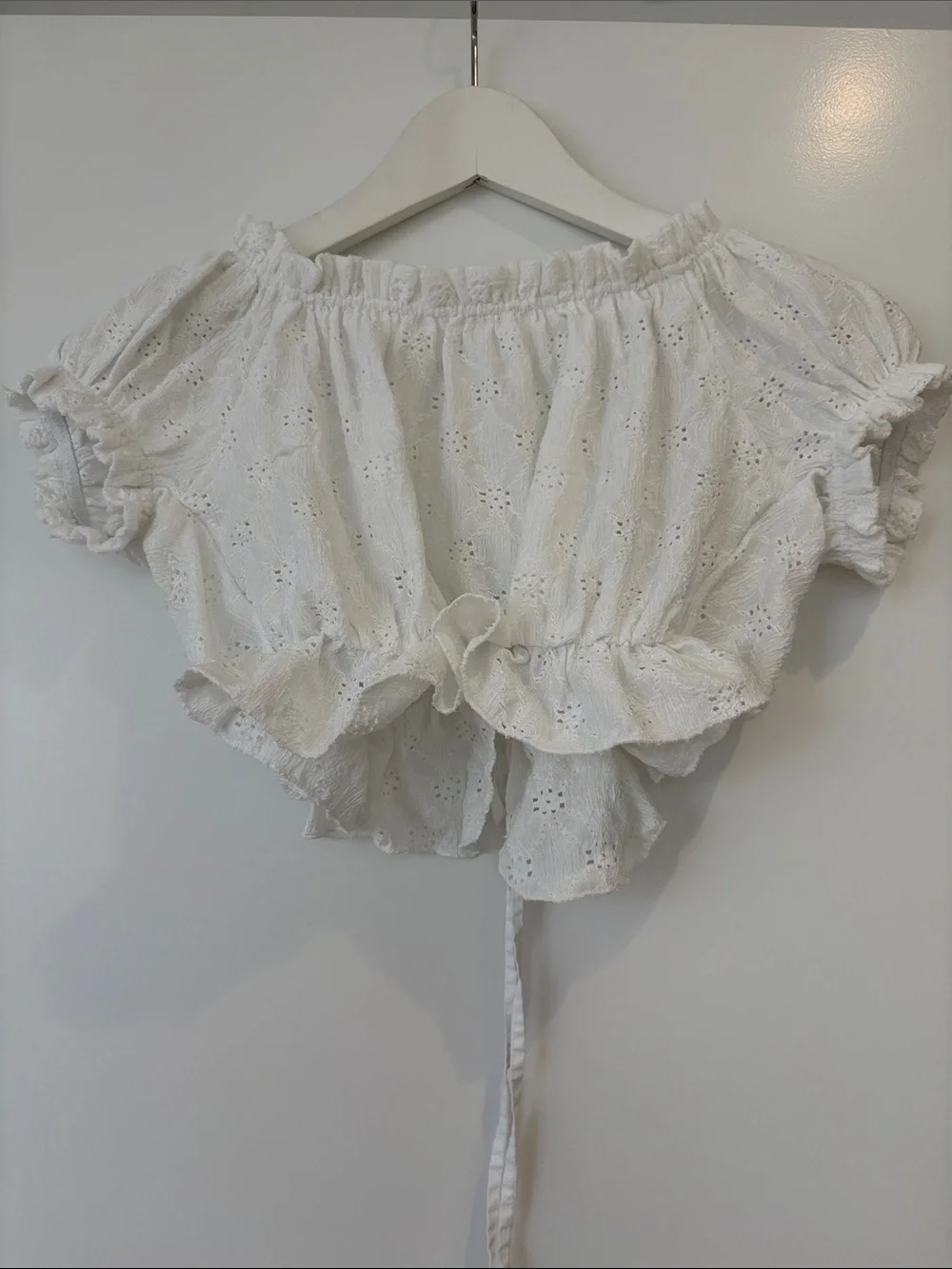 Zara White Eyelet Off-Shoulder Tie-Front Crop Top